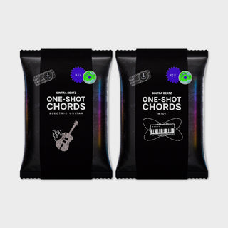 Two packs titled One-Shot Chords Guitar and MIDI shown together as a bundle.