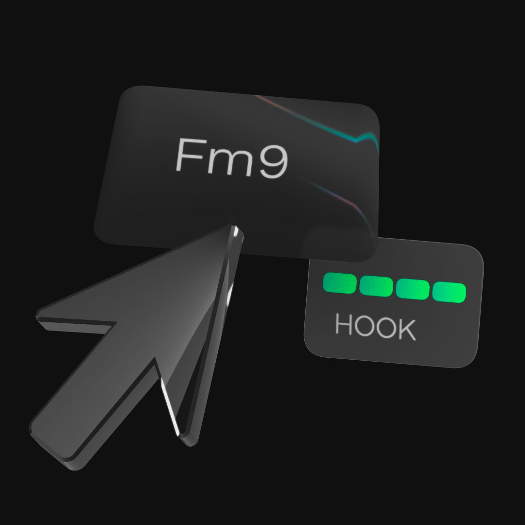 Metallic cursor drags and drops an Fm9 chord, with a four-chord progression hook section visible in the background.
